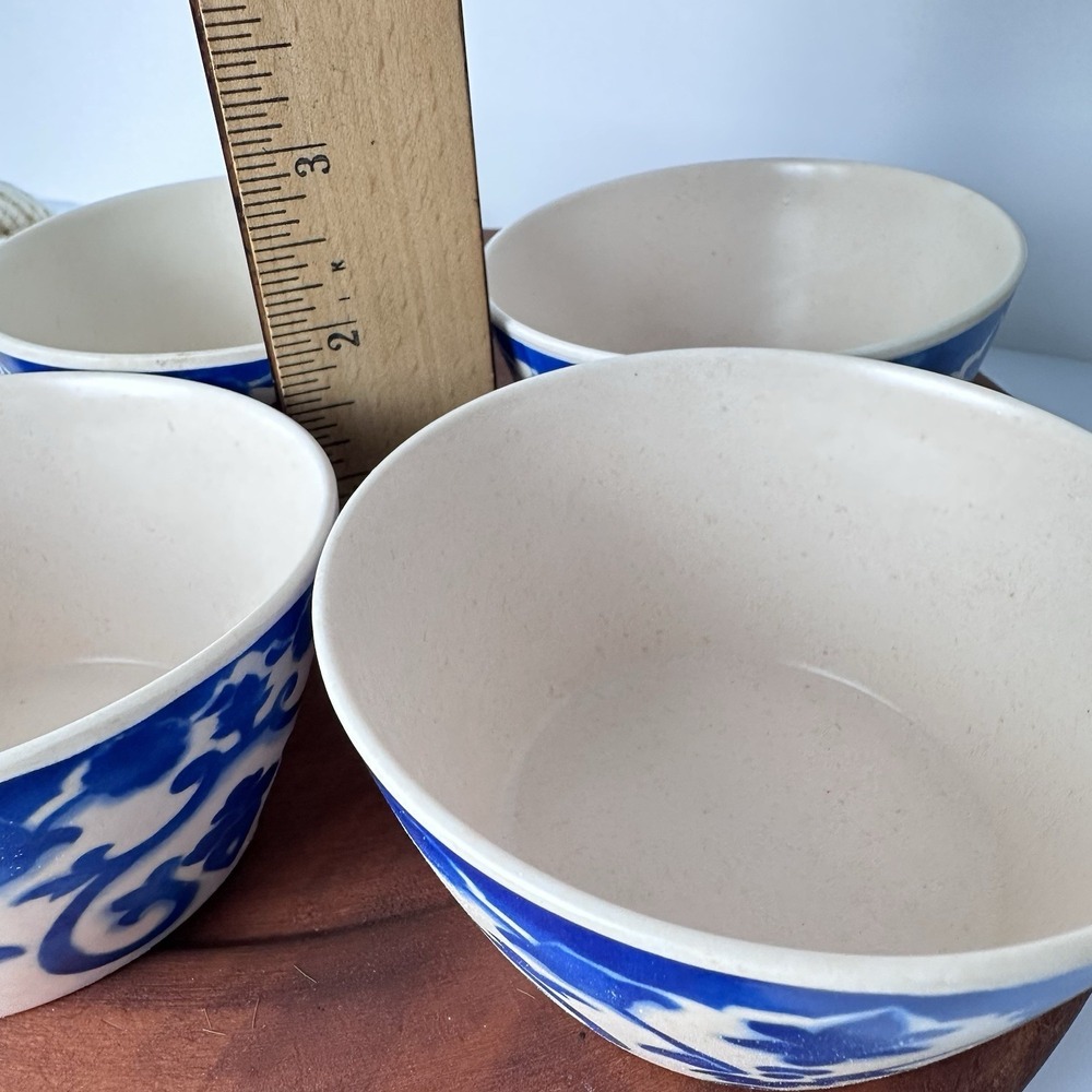 4 Blue & White Patina Vie "Lisbon" Bamboo Tidbit Bowls, Anthro‑vibe Cottage‑Boho - Picture 5 of 9